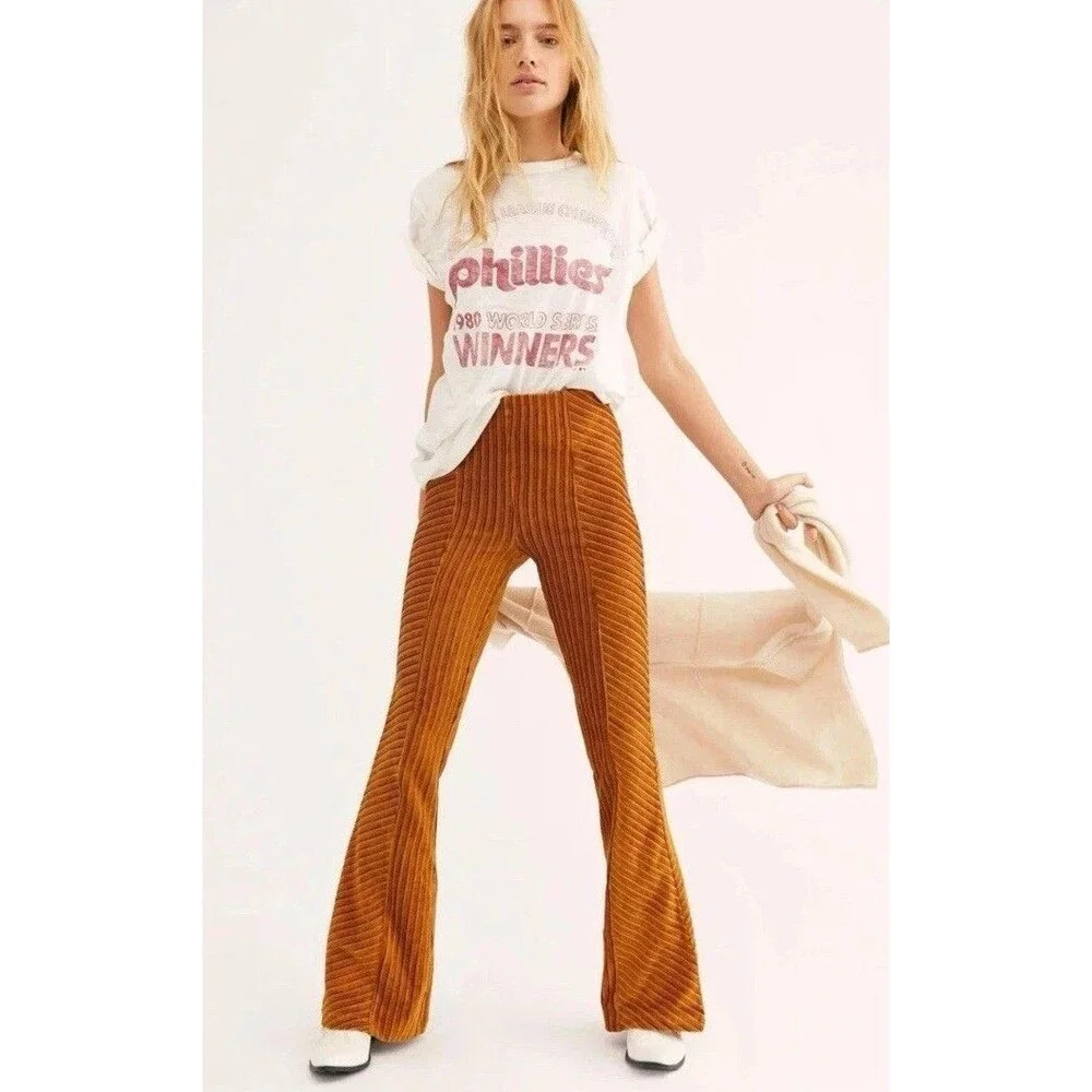 Free People Flared Pull On XS Ribbed Velvet Bell Bottom bronze Orange Bonus Top